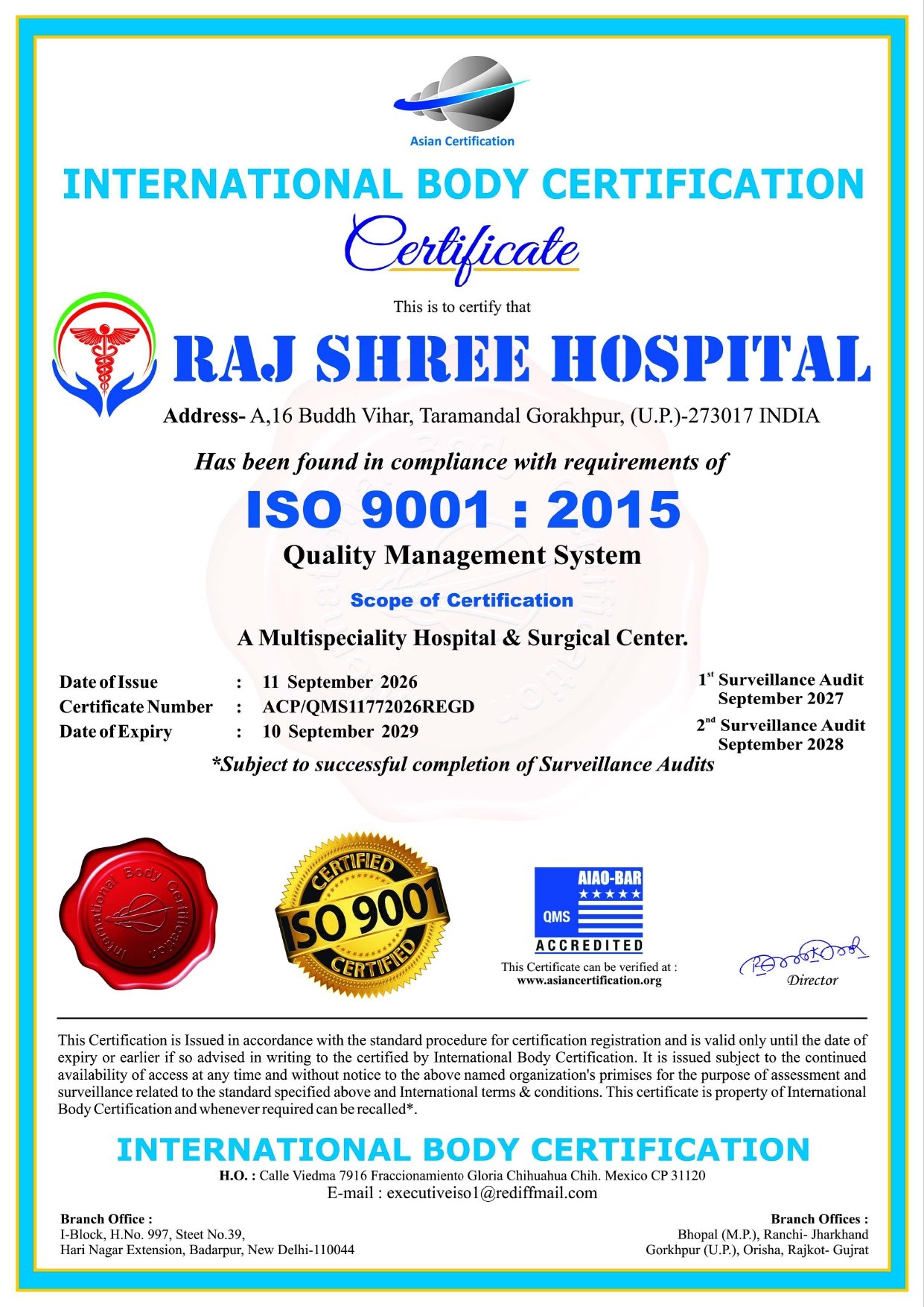 Rajshree Hospital ISO 14001:2015 Certificate