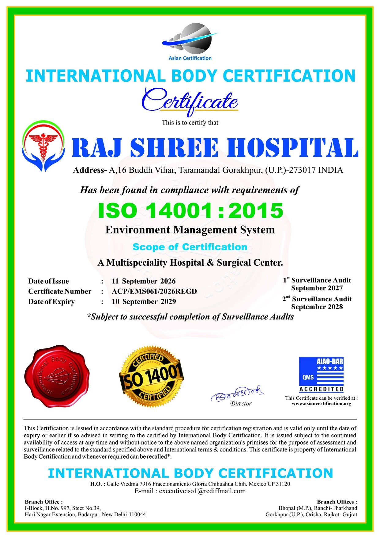 Rajshree Hospital ISO 9001:2015 Certificate